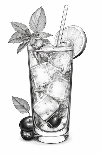 un dibujo de un vaso de hielo y hojas de menta ai generativo