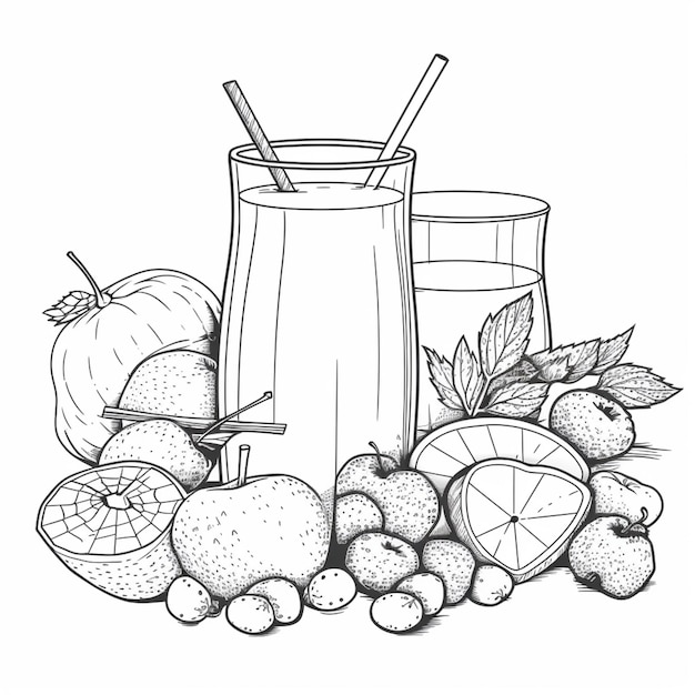 un dibujo de un vaso de jugo y fruta con fresas ai generativo