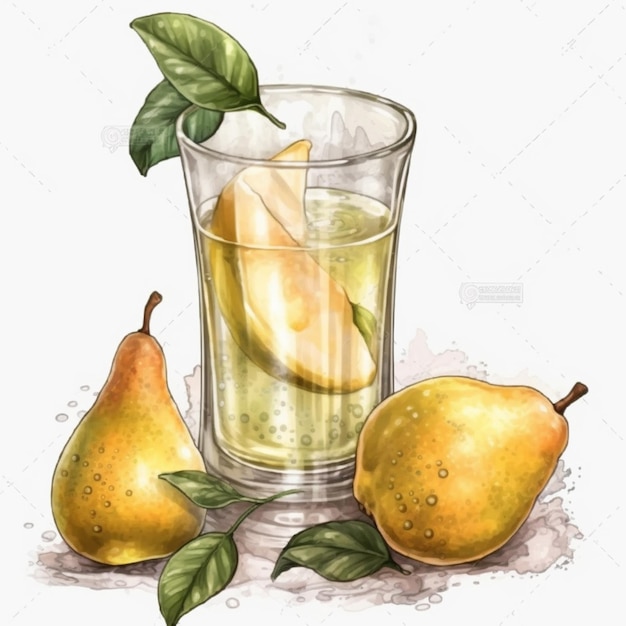 un dibujo de un vaso de jugo de pera con una rebanada de pera generativa ai