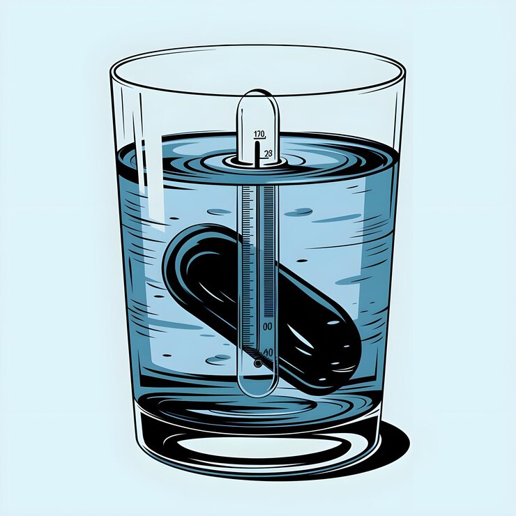 un dibujo de un vaso de líquido con una píldora en él