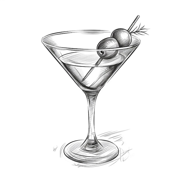 un dibujo de un vaso de martini con aceitunas en él