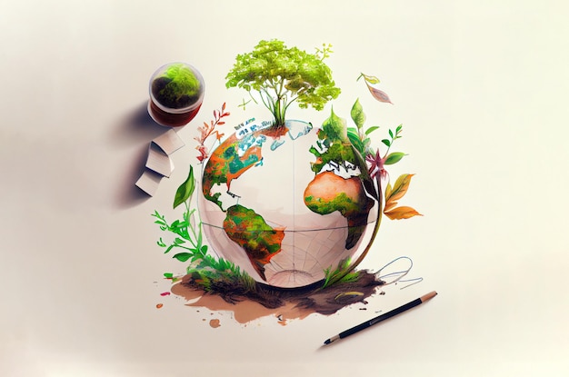 Dibujo vectorial del planeta tierra Concepto ecológico Concepto del día de la tierra Ilustración vintage del globo terráqueo con plantas y árboles Ilustración de la naturaleza de la tierra Ai generativo