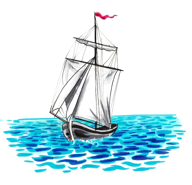 Un dibujo de un velero con una bandera roja en la parte superior.