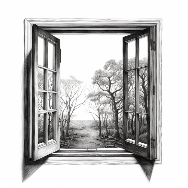 Foto dibujo de una ventana con una vista de un bosque generativo ai