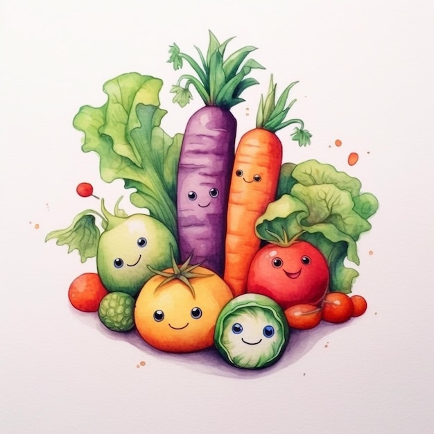 Un dibujo de verduras con caras y las palabras "feliz" en la parte inferior.