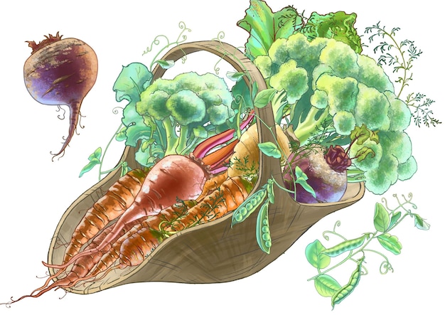 Dibujo de verduras frescas en una cesta.