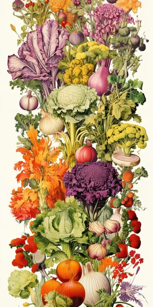 un dibujo de verduras que incluye brócoli, coliflor y zanahorias