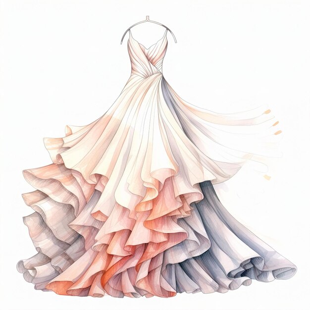 un dibujo de un vestido de novia con un fondo rosa y naranja.