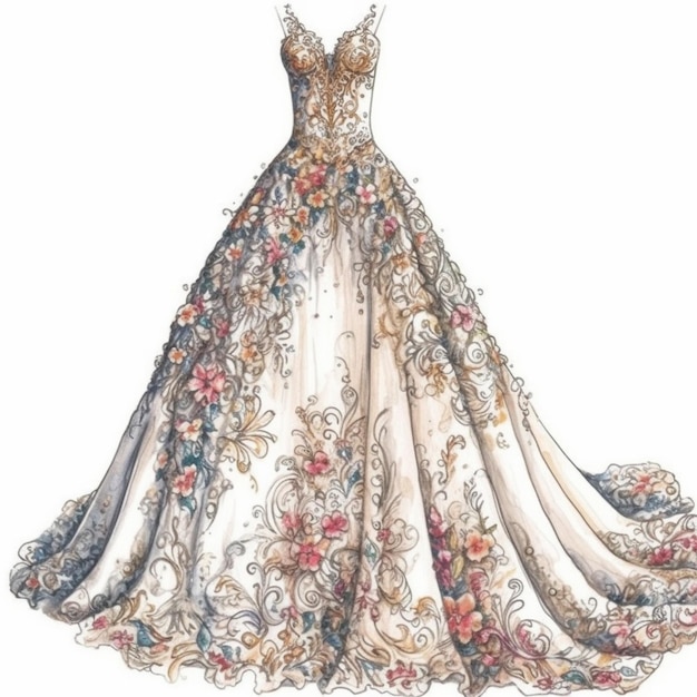 Un dibujo de un vestido de novia con un patrón floral.