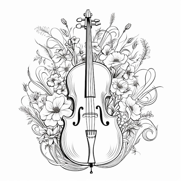 Foto un dibujo de un violín con flores y hojas generativas ai