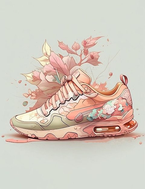 dibujo de un zapato nike con flores en la parte inferior. | Foto