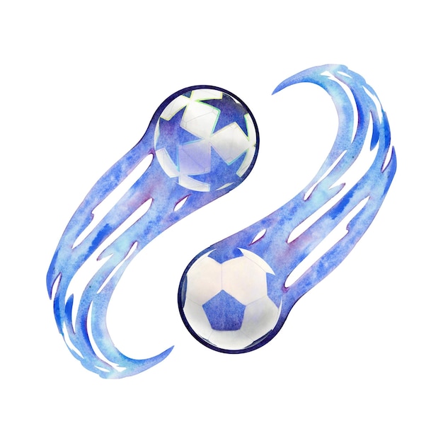 Foto dibujos en acuarela de pelotas de fútbol voladoras azules y blancas con estrellas y pentagones y azules ardientes