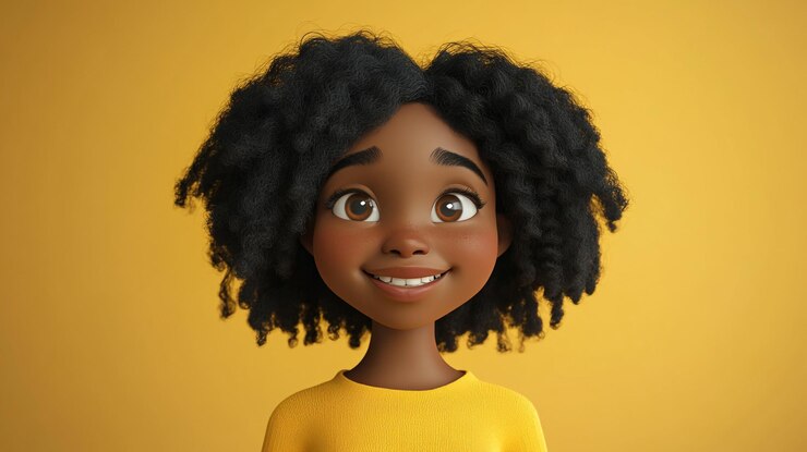 Dibujos animados en 3D de una adolescente africana feliz con un retrato amarillo en un telón de fondo claro