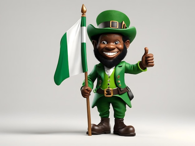 Dibujos animados en 3D Alegre duende afroamericano sosteniendo una bandera verde de Nigeria fondo blanco