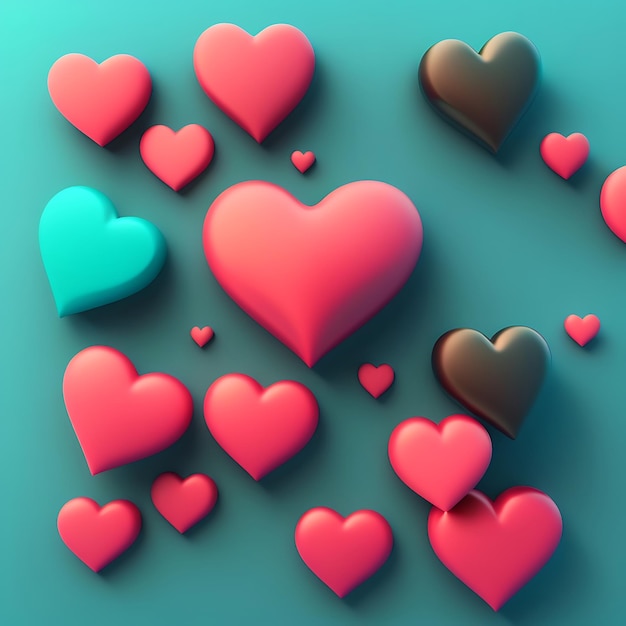 Dibujos animados en 3D Corazones pulsantes sobre fondo verde azulado Fondo del día de San Valentín