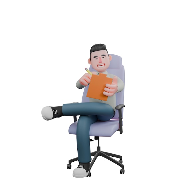 Dibujos animados en 3D Un escritor se sienta en una silla con las manos sosteniendo un portapapeles y un lápiz profesional