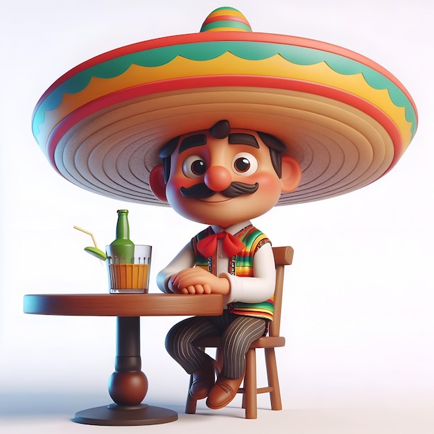 Foto dibujos animados en 3d de un hombre mexicano con sombrero bebiendo vodka celebración de cinco de mayo