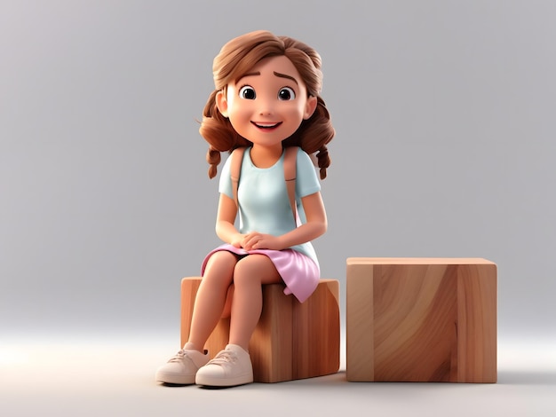 Dibujos animados en 3D de una linda chica de dibujos animados sentada sobre un fondo blanco de bloque de madera