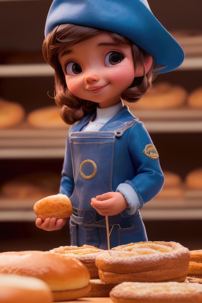 Dibujos animados en 3D linda joven panadero en la panadería con panes IA generativa