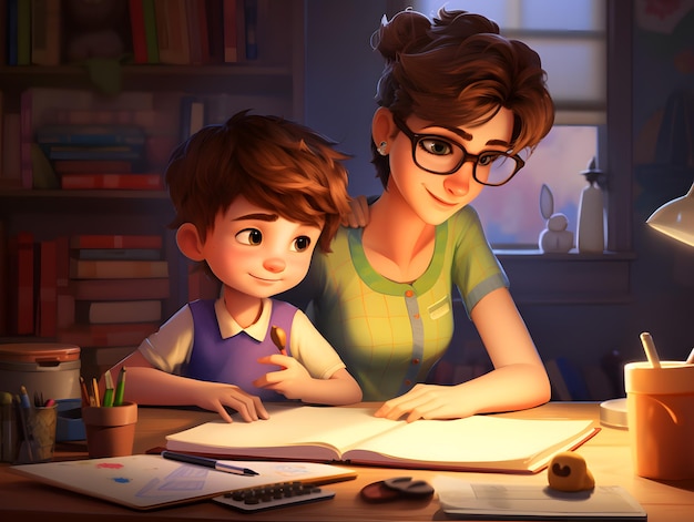 Dibujos animados en 3D de un niño haciendo la tarea con su madre