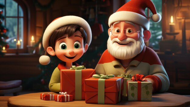 Dibujos animados en 3D de un niño y Santa Claus con regalos sobre una mesa en un entorno navideño