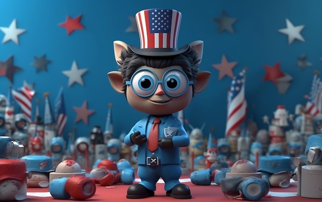Dibujos animados en 3D que celebran el 4 de julio, día de la independencia de Estados Unidos, sombrero de bandera de Estados Unidos y petardos