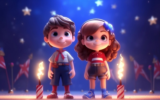 Dibujos animados en 3D que celebran el 4 de julio, día de la independencia de Estados Unidos, sombrero de bandera de Estados Unidos y petardos