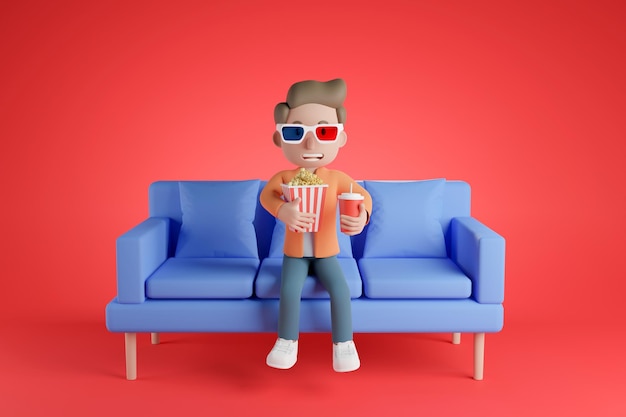 Foto dibujos animados en 3d sentados y viendo películas en el sofá comiendo palomitas de maíz y agua con gafas 3d.