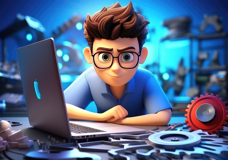 Foto dibujos animados en 3d usando computadoras portátiles y sentados en sillas dibuyos animados lindos trabajando jugando tecnología de redes sociales póster futurista ia generativo