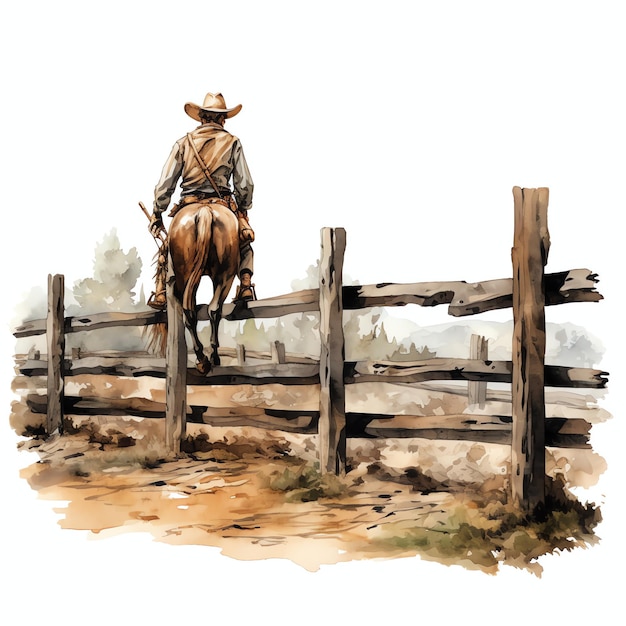 dibujos animados en acuarela vaquero en una valla oeste salvaje oeste vaquero desierto ilustración clipart