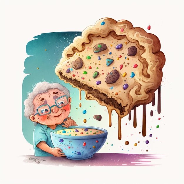 dibujos animados de una anciana comiendo una galleta y cereales generativo ai