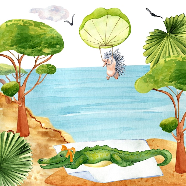 Dibujos animados de animales australianos descansando en la ilustración de acuarela de playa