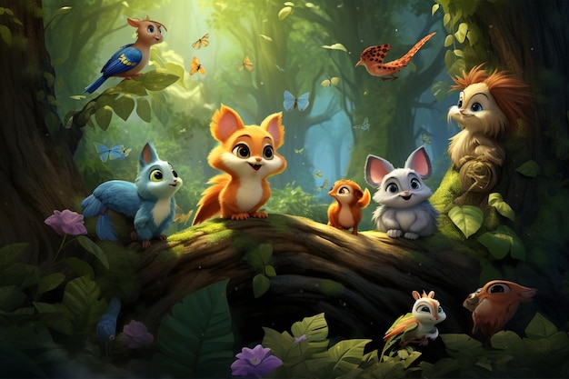Dibujos animados de animales en la imagen de ilustración del bosque.