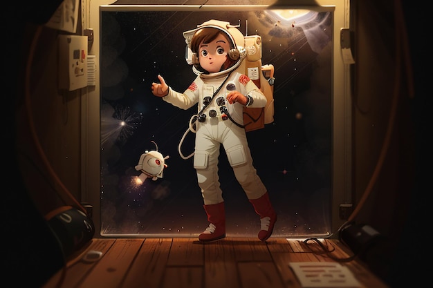 Dibujos animados Anime Espacio Viajando Astronauta Flotando sin gravedad Fondo de pantalla Ilustración de fondo