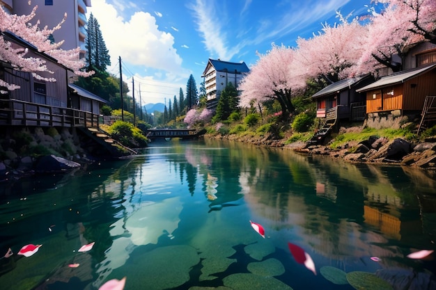 Foto dibujos animados anime estilo pueblo río montaña árbol naturaleza paisaje papel pintado ilustración fondo