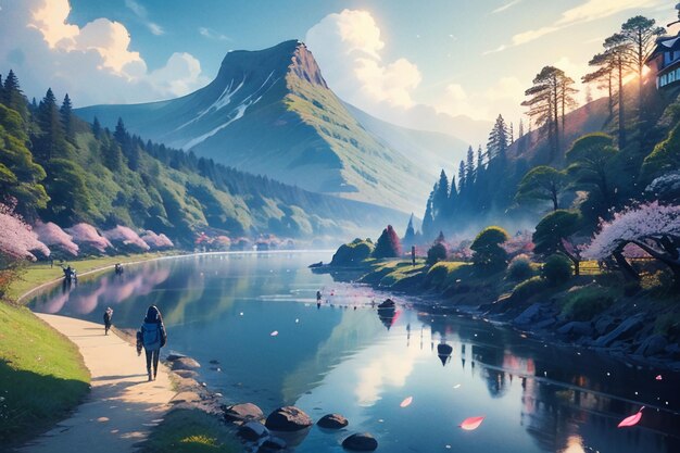 Dibujos animados anime estilo pueblo río montaña árbol naturaleza paisaje papel pintado ilustración fondo