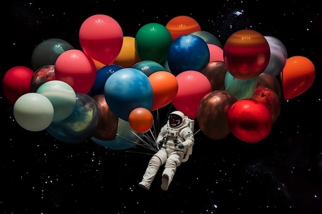 Foto dibujos animados de astronautas flotando con un planeta globo en el fondo del espacio red neuronal generada por ai