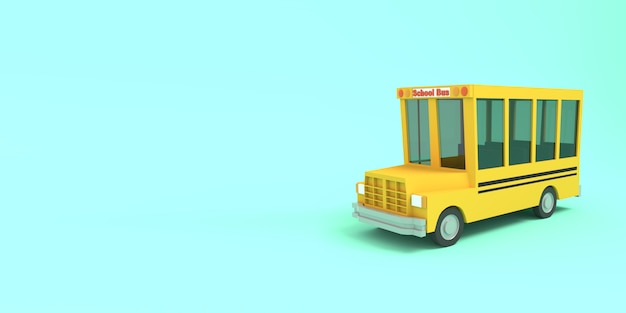 Dibujos animados autobús escolar amarillo sobre un fondo azul. Ilustración simple escuela aislada. Representación 3D