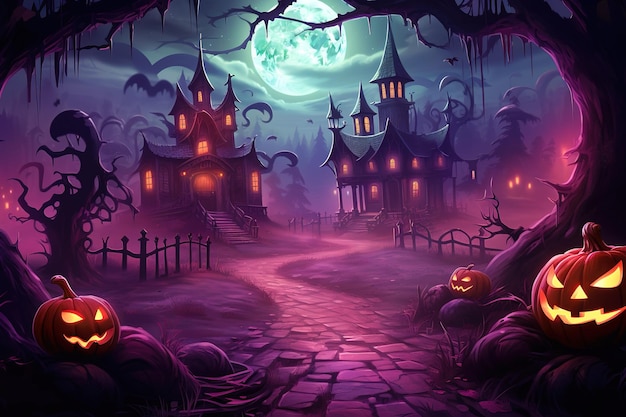 Dibujos animados de color rosa oscuro y magenta de la luna sobre un pueblo de Halloween con calabazas y árboles de miedo Fondo de Halloween