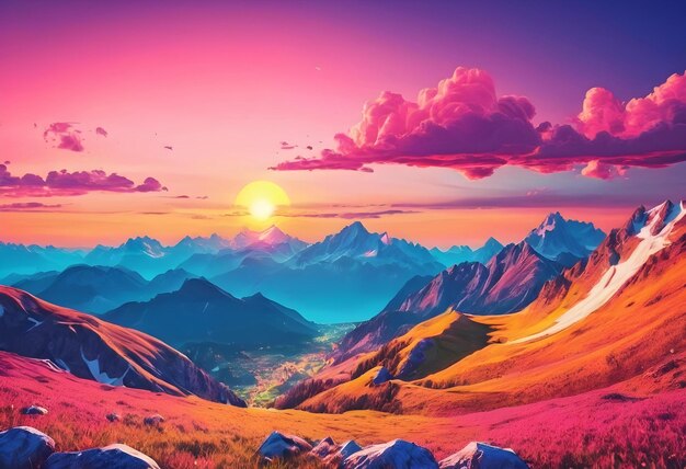 dibujos animados colorido puesta de sol en la parte superior de los Alpes de montaña austriacos para niños foto de fondo