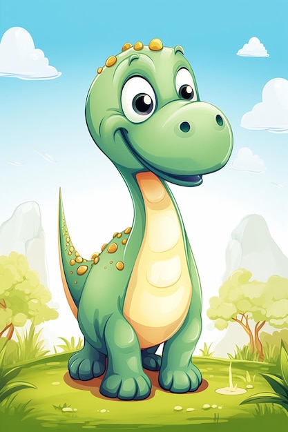 dibujos animados dinosaurio campo árboles nubes lindas redondo verde ojos rasgados feliz nombre cuello largo escamoso niño pequeño