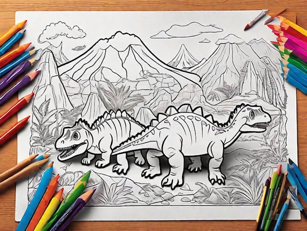 Foto un dibujos animados de dinosaurios un animal lindo fondo paisaje prehistórico página de colorear