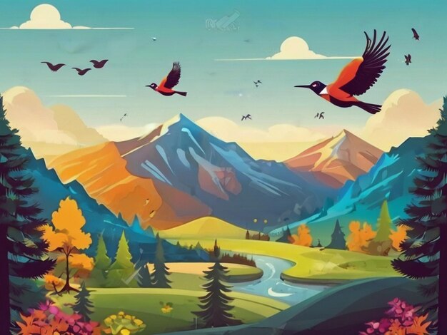 dibujos animados diseños vectoriales paisajes montañas bosque y pájaros voladores