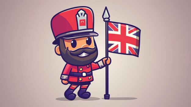 Foto dibujos animados divertidos con un lindo guardia británico y la bandera británica ilustración moderna para colorear