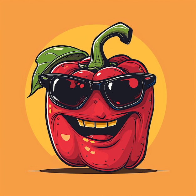 Dibujos animados divertidos de pimienta roja con gafas de sol diseño gráfico vibrante