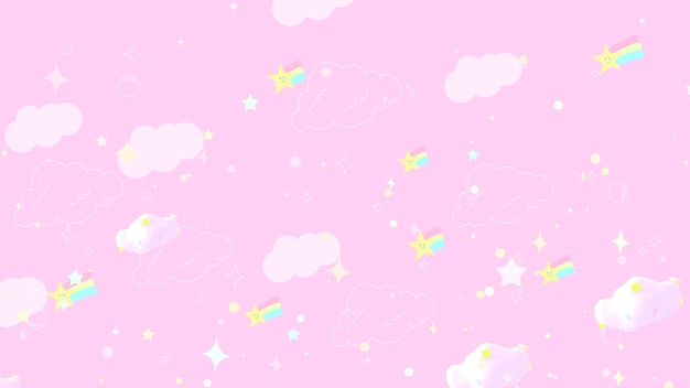 Dibujos animados doodle arco iris estrellas y nubes en el cielo rosa imagen renderizada en 3d