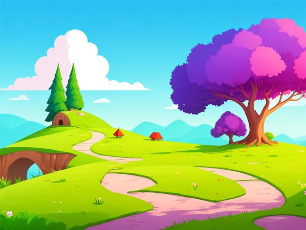 Dibujos animados de estilo 2d solo colina en el fondo blanco paisaje colorido paisaje vista del atardecer