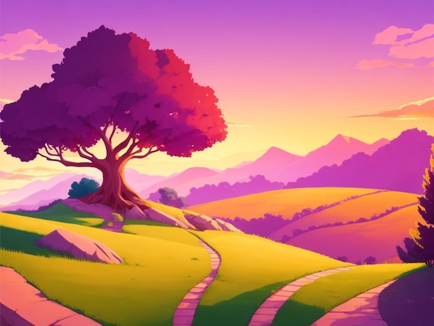 Dibujos animados de estilo 2d solo colina en el fondo blanco paisaje colorido paisaje vista del atardecer