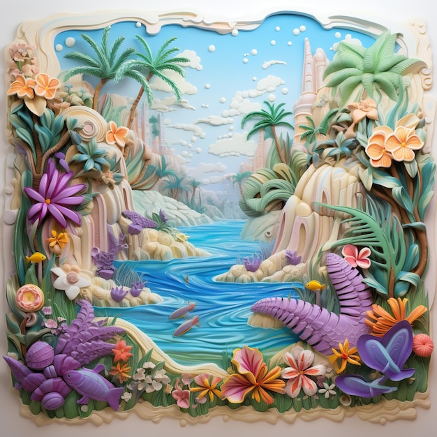 Dibujos animados de fantasía brillante pared en relieve de mármol esculpido escena tropical de fantasía