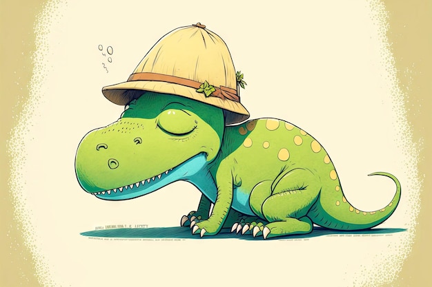 Dibujos animados feroz tiranosaurio lindo dinosaurio soñoliento con sombrero